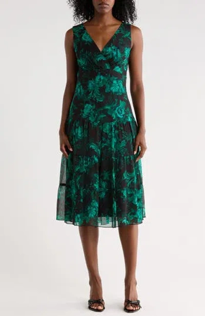 Connected Apparel Floral Sleeveless Tiered Midi Dress In Hunter