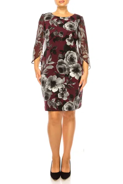 Connected Apparel Floral Split-sleeve Sheath Dress In Burgundy In Red
