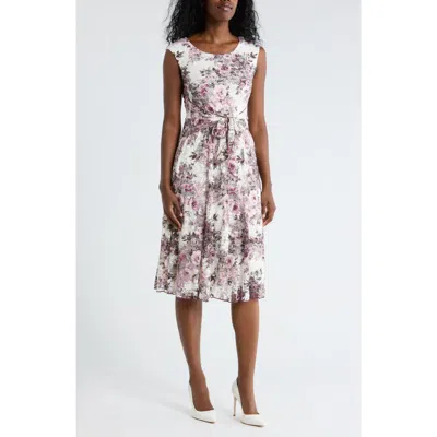 Connected Apparel Floral Tie Waist Lace Dress In Purple