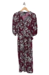 Connected Apparel Floral Wrap Midi Dress In Burgundy