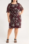 Connected Apparel Flutter Sleeve Dress In Burgundy