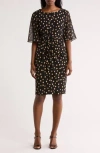 Connected Apparel Flutter Sleeve Faux Wrap Dress In Brown