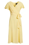 Connected Apparel Flutter Sleeve Tie Waist Crepe Midi Dress In Lemon