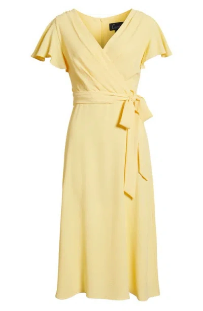 Connected Apparel Flutter Sleeve Tie Waist Crepe Midi Dress In Lemon