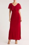 Connected Apparel Flutter Sleeve V-neck Dress In Red