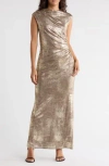 Connected Apparel Foil Jersey Draped Midi Dress In Brown
