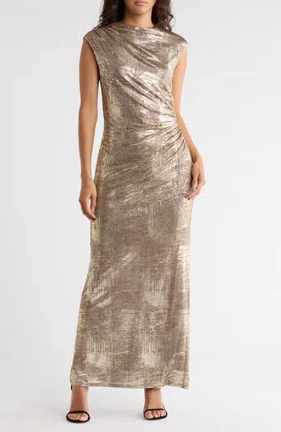 Connected Apparel Foil Jersey Draped Midi Dress In Brown