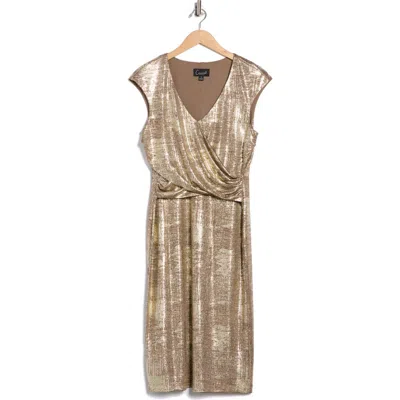Connected Apparel Foiled Jersey Short Sleeve Dress In Brown