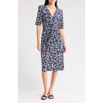 Connected Apparel Front Twist Midi Dress In Navy