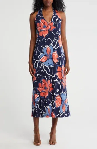 Connected Apparel Halter Midi Dress In Navy