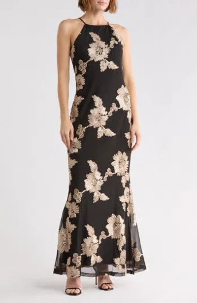 Connected Apparel Halter Soutache Maxi Dress In Black