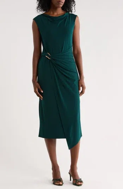 Connected Apparel Hardware Detail Asymmetric Drape Midi Dress In Green