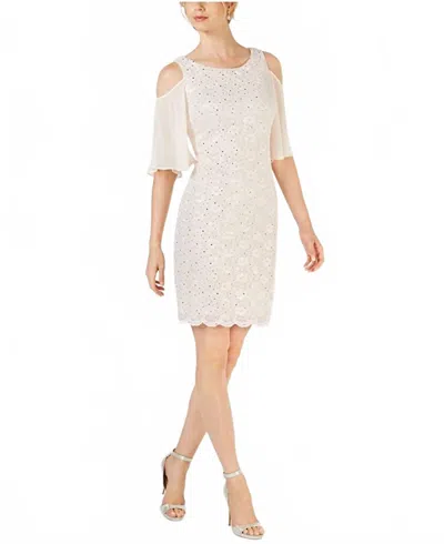 Connected Apparel Lace Cold Shoulder Sheath Dress In Champagne In White