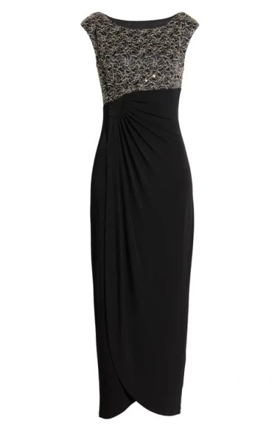 Connected Apparel Lace Faux Wrap Gown In Black/gold