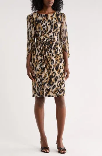 Connected Apparel Leopard Print Cape Sleeve Dress In Black
