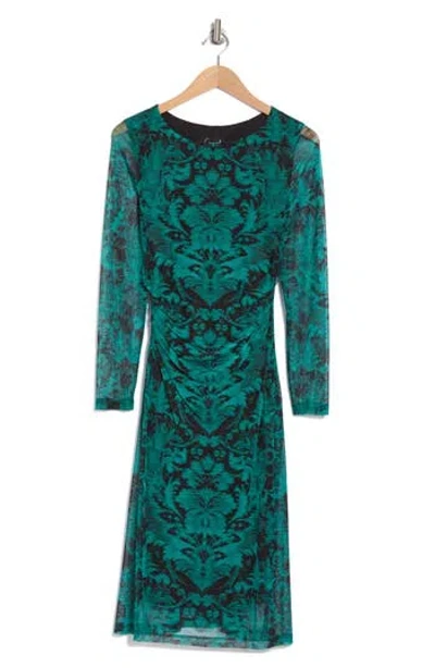 Connected Apparel Long Sleeve A-line Mesh Midi Dress In Spruce