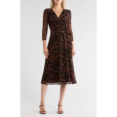 Connected Apparel Long Sleeve Faux Wrap Mesh Midi Dress In Brown