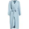 Connected Apparel Long Sleeve Faux Wrap Midi Dress In Blue