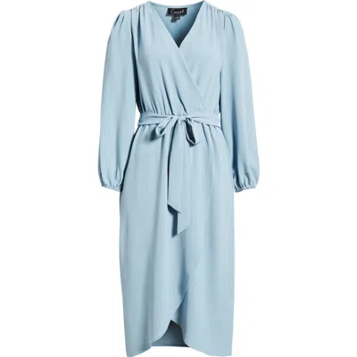 Connected Apparel Long Sleeve Faux Wrap Midi Dress In Blue