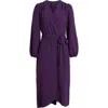 Connected Apparel Long Sleeve Faux Wrap Midi Dress In Grape