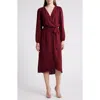 Connected Apparel Long Sleeve Faux Wrap Midi Dress In Wine