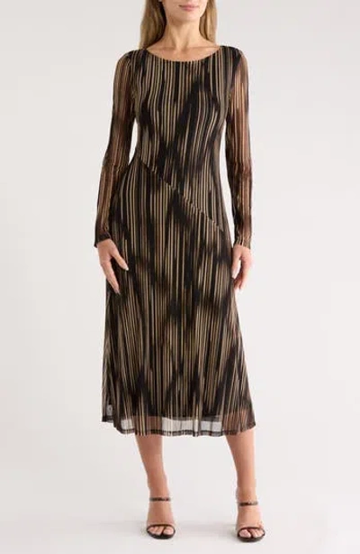 Connected Apparel Long Sleeve Mesh A-line Dress In Brown