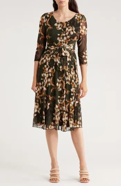 Connected Apparel Long Sleeve Mesh A-line Dress In Brown