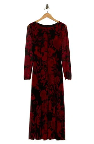 Connected Apparel Long Sleeve Mesh Midi Dress In Red