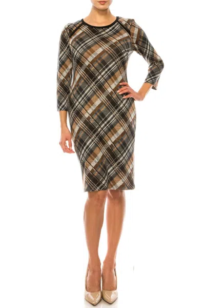 Connected Apparel Long Sleeve Sheath Dress In Brown In Multi