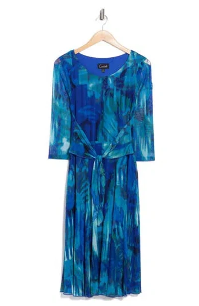 Connected Apparel Long Sleeve Tie Waist Mesh Midi Dress In Blue