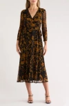 Connected Apparel Long Sleeve Wrap Style Mesh Dress In Brown