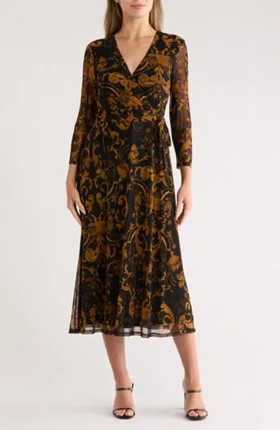 Connected Apparel Long Sleeve Wrap Style Mesh Dress In Brown