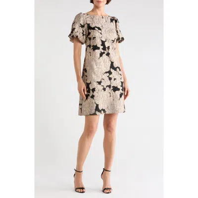 Connected Apparel Lurex Jacquard Puff Sleeve Shift Dress In Multi