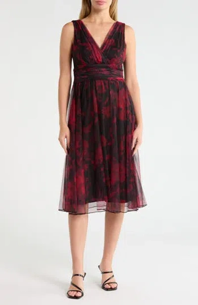 Connected Apparel Mesh Overlay Midi Dress In Red