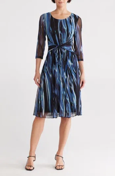 Connected Apparel Mesh Tie Waist Long Sleeve Dress In Blue