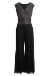 Connected Apparel Metallic Bodice Wide Leg Jumpsuit In Silver