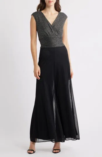 Connected Apparel Metallic Bodice Wide Leg Jumpsuit In Silver
