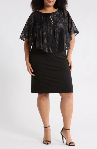 Connected Apparel Metallic Burnout Jacquard Cape Cocktail Dress In Black