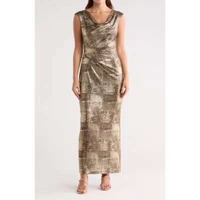 Connected Apparel Metallic Cowl Neck Sleeveless Gown In Brown