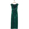 Connected Apparel Metallic Cowl Neck Sleeveless Gown In Emerald
