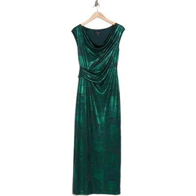 Connected Apparel Metallic Cowl Neck Sleeveless Gown In Emerald