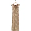 Connected Apparel Metallic Cowl Neck Sleeveless Gown In Flax