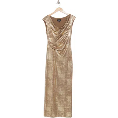 Connected Apparel Metallic Cowl Neck Sleeveless Gown In Flax