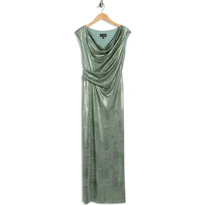 Connected Apparel Metallic Cowl Neck Sleeveless Gown In Green