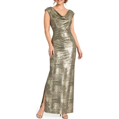 Connected Apparel Metallic Cowl Neck Sleeveless Gown In Green