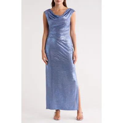 Connected Apparel Metallic Cowl Neck Sleeveless Gown In Purple