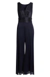 Connected Apparel Metallic Plissé Mixed Media Wide Leg Jumpsuit In Navy