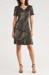 Connected Apparel Metallic Tiered Plissé Dress In Black