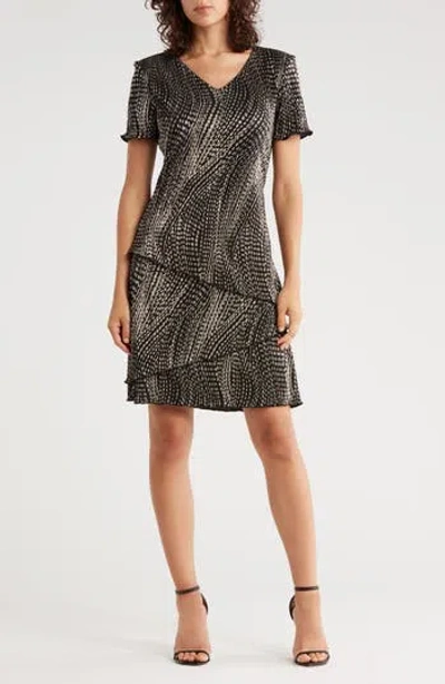 Connected Apparel Metallic Tiered Plissé Dress In Black