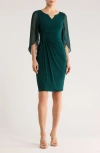 Connected Apparel Mixed Media Cape Sleeve Mock Wrap Cocktail Dress In Green